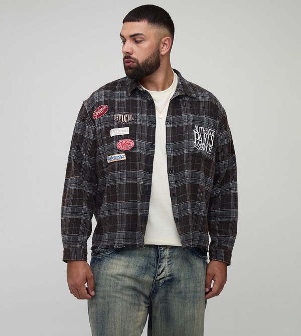 Plus & Tall Badge Detail Checked Long Sleeves Shirt