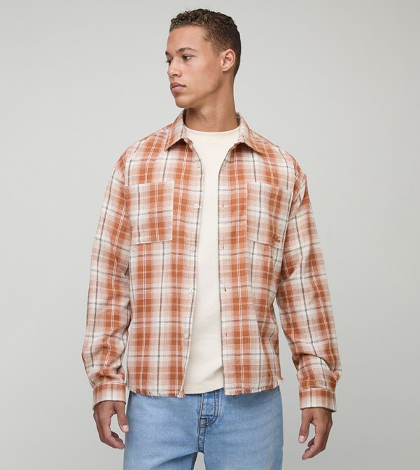 Tall Distressed Check Raw Hem Embroidered Oversized Shirt