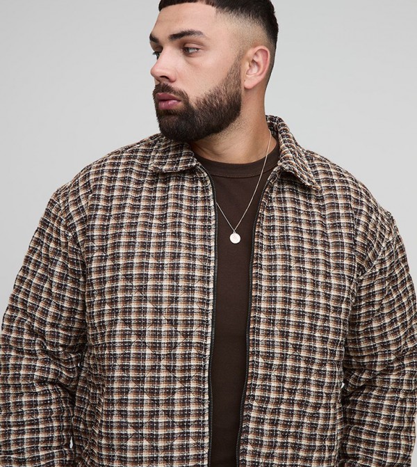 Boucle Check Zip Up Oversized Overshirt