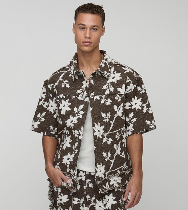 Plus & Tall Floral Tapestry Oversized Short Sleeves Overshirt