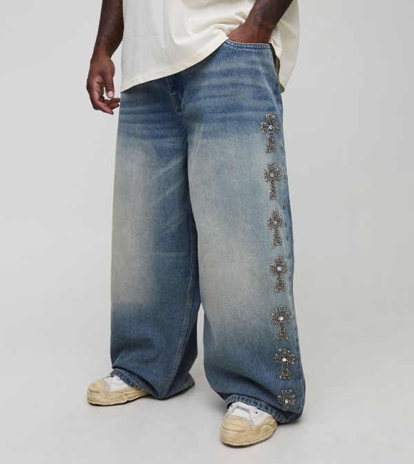 Plus & Tall Rigid Gothic Cross Embellished Baggy Jeans