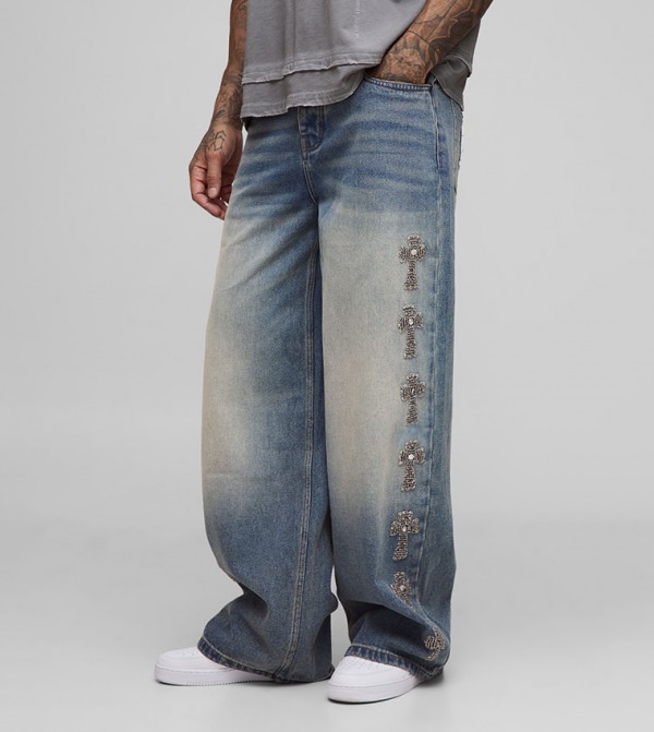 Tall Rigid Gothic Cross Embellished Baggy Jeans