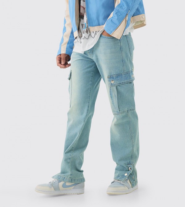 Rigid Popper Hem Cargo Washed Flared Jeans