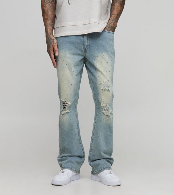 Tall Scattered Rhinestone Ripped Flared Jeans