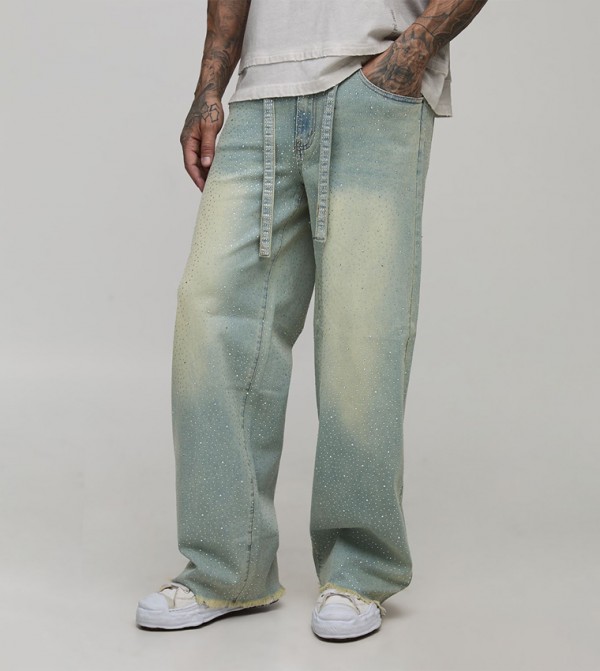 Plus & Tall Belted Rhinestone Baggy Fit Jeans