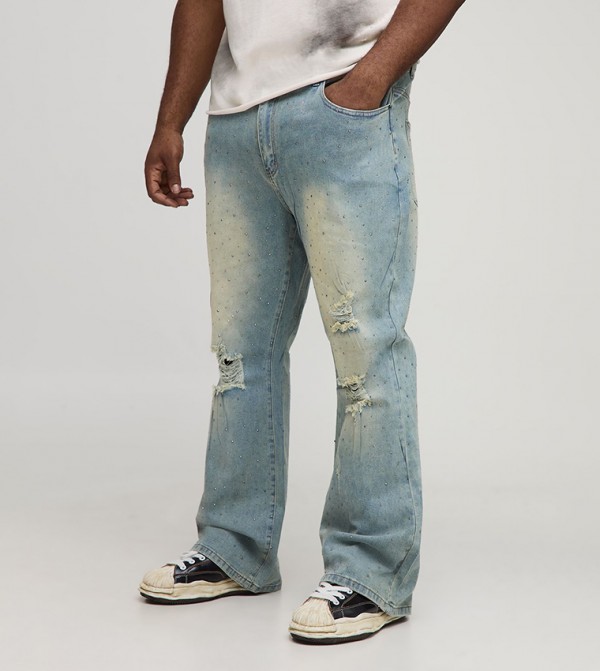 Scattered Rhinestone Ripped Flared Jeans