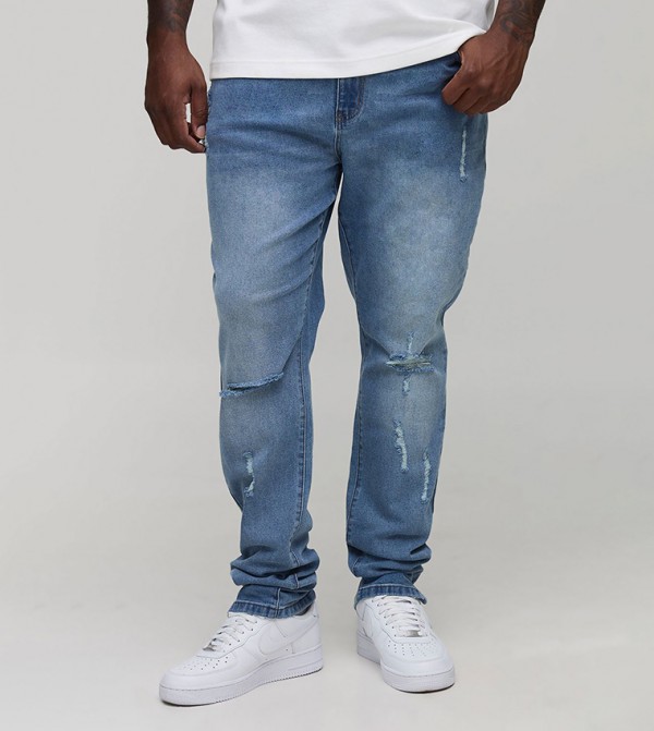 Ripped Zip Hem Cuff Detail Stacked Slim Fit Jeans