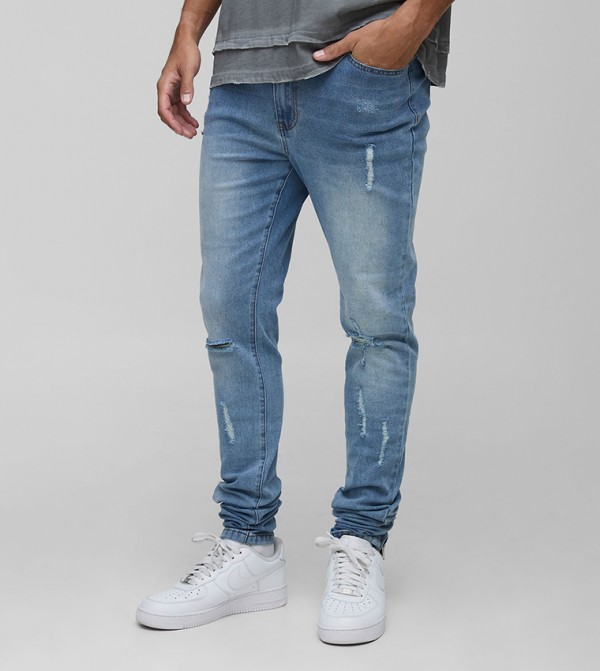 Tall Ripped Zip Hem Cuff Detail Stacked Skinny Fit Jeans