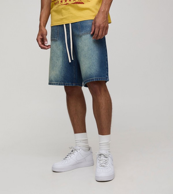 Contrast Stitch Drawcord Rigid Denim Jorts