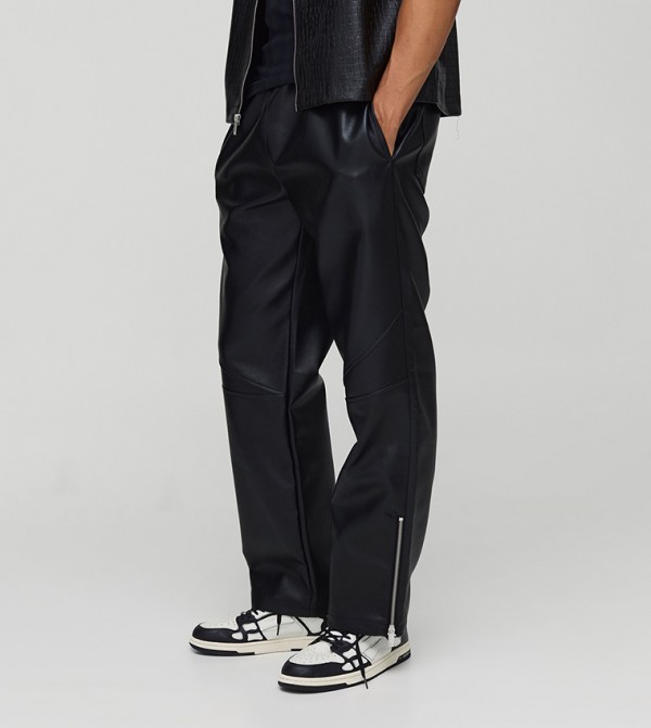 Elastic Waist PU Relaxed Zip Hem Trousers