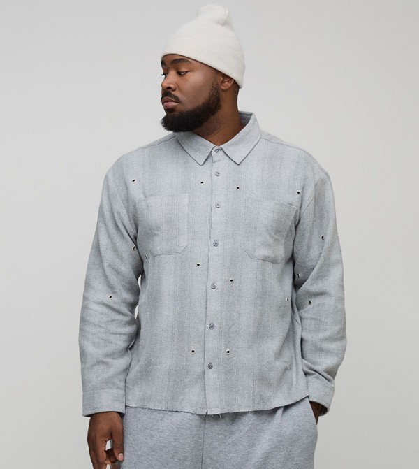 Distressed Hardware Detail Long Sleeves Oversized Shirt