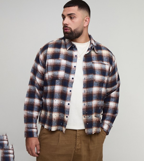Distressed Flannel Check Long Sleeves Oversized Shirt