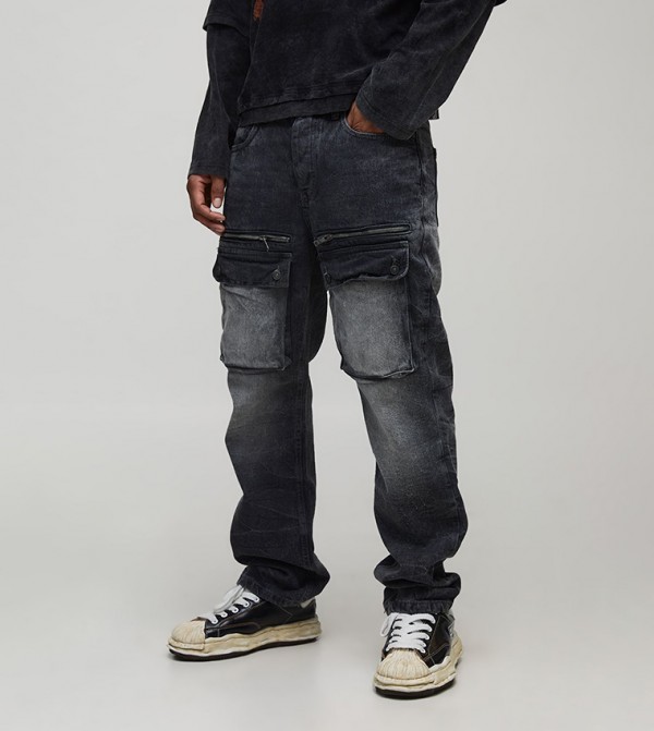 Acid Wash Straight Fit Cargo Jeans