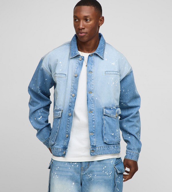 Cargo Paint Splatter Oversized Denim Jacket