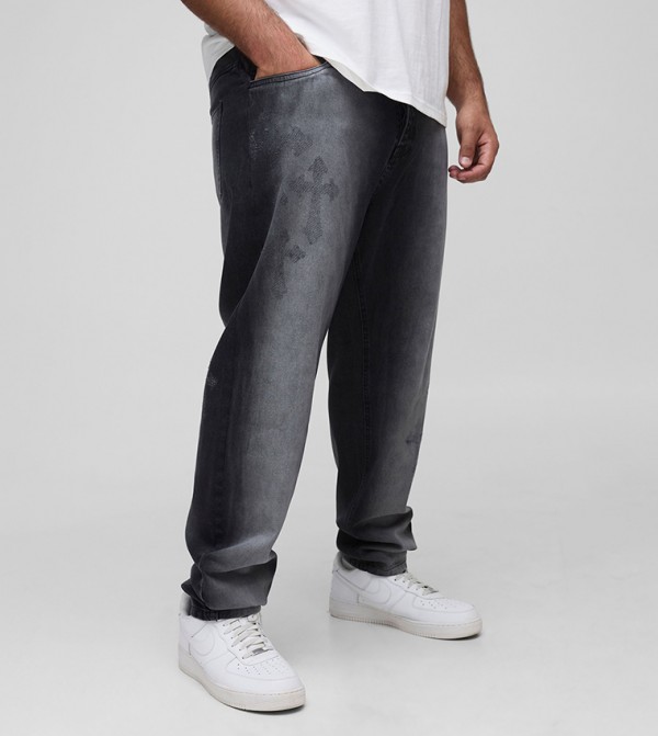 Stacked Washed Distressed Cross Slim Fit Jeans