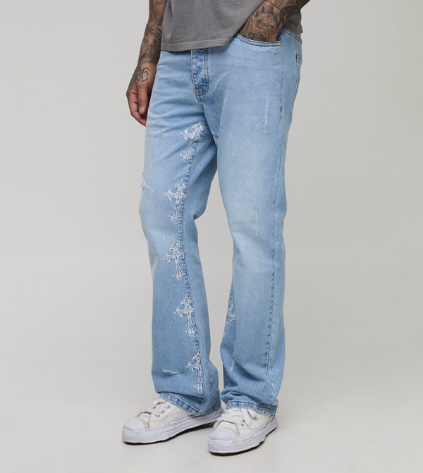 Tall Distressed Cross Gusset Embroidered Slim Fit Flared Jeans