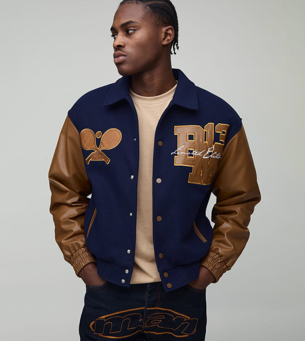 OFCL Tennis Appliqued Melton Varsity Boxy Bomber Jacket