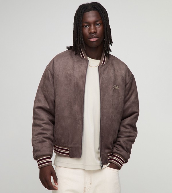 Suede Chunky Rib Embroidered Boxy Bomber Jacket