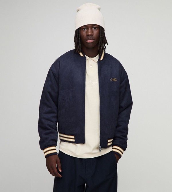 Suede Chunky Rib Embroidered Boxy Bomber Jacket