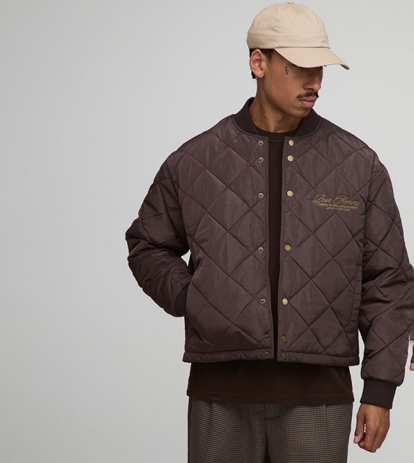 Embroidered Diamond Quilted Nylon Boxy Fit Bomber Jacket