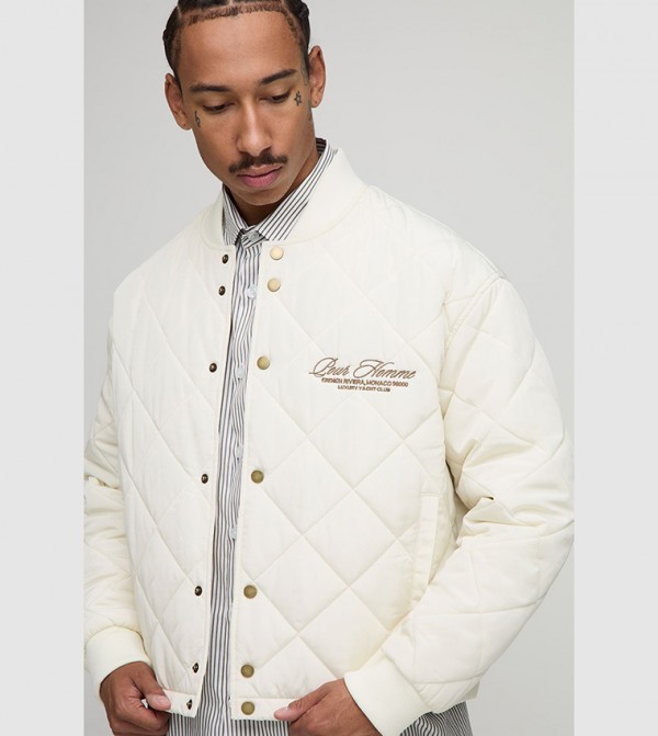 Embroidered Diamond Nylon Boxy Quilted Bomber Jacket