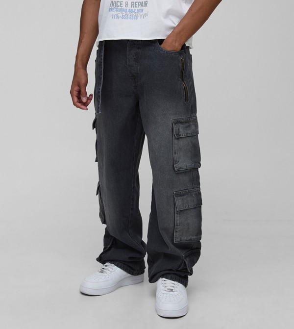 Stacked Washed Multi Cargo Relaxed Fit Jeans