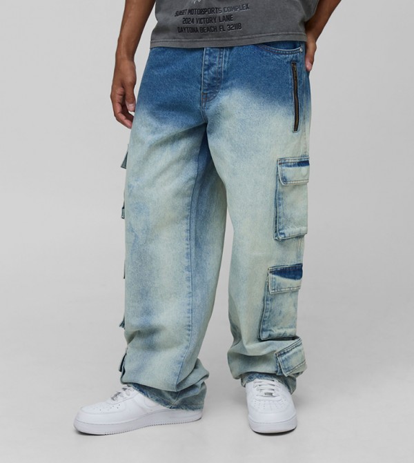 Stacked Washed Multi Cargo Relaxed Fit Jeans
