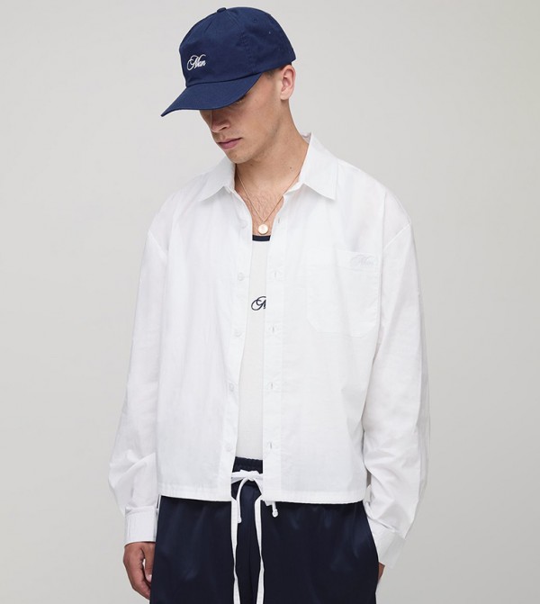 Embroidered Bungee Hem Poplin Long Sleeves Oversized Shirt