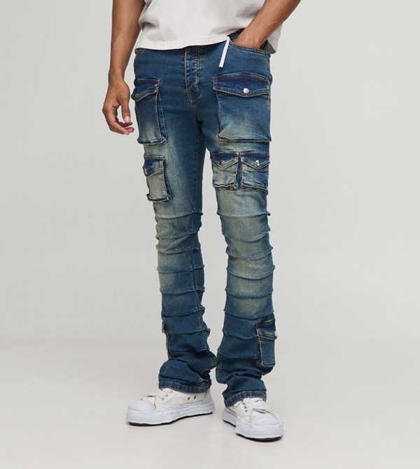 Stacked Multi Cargo Pocket Flared Jeans