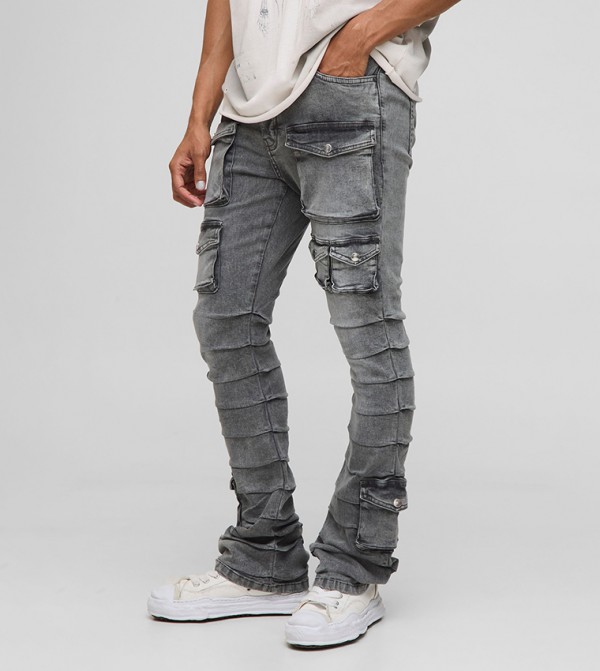 Washed Stacked Cargo Flared Jeans