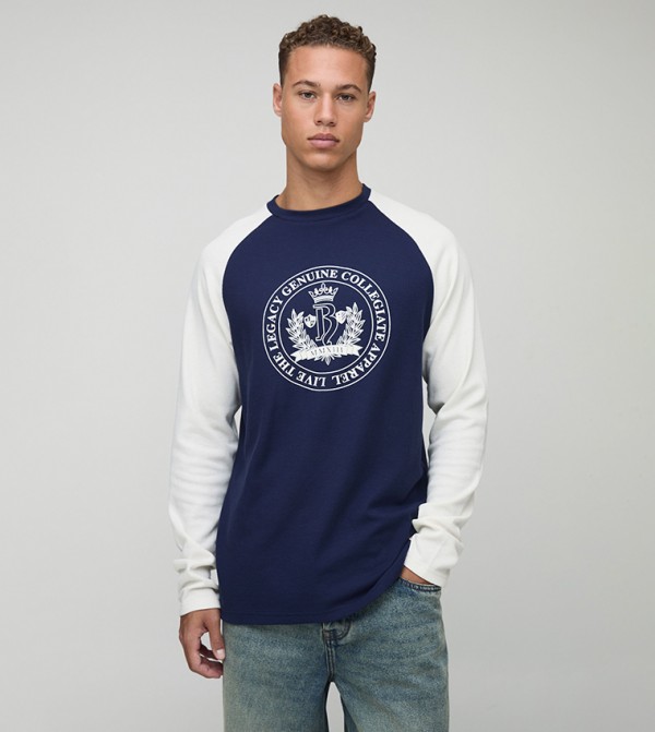 Tall Regular Fit Varsity Print Long Sleeves Waffle T-Shirt