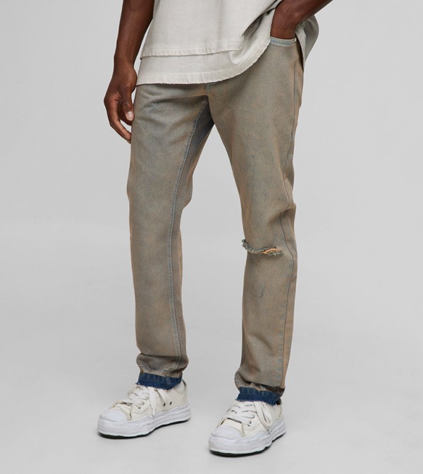 Slim Fit Subtle Ripped Tinted Jeans with Let Down Hem