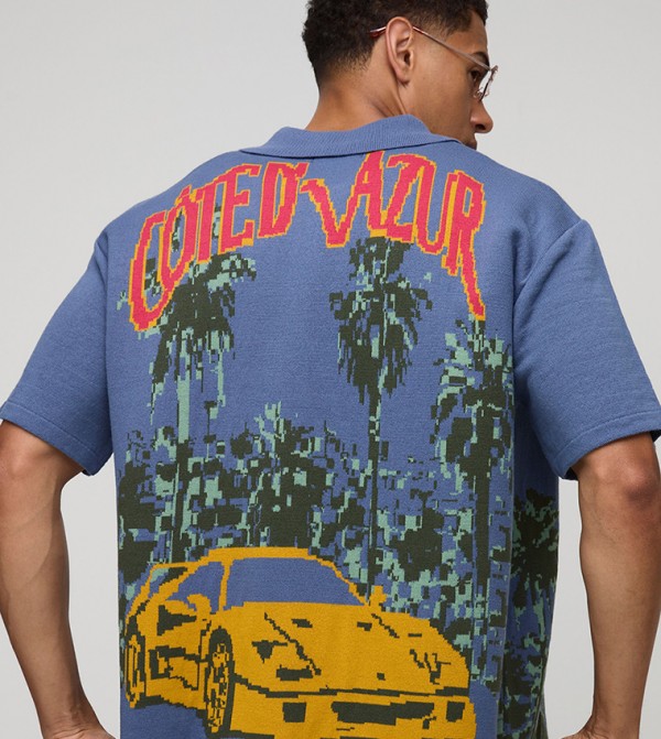 Boxy Moto Scenic Jacquard Knitted Shirt