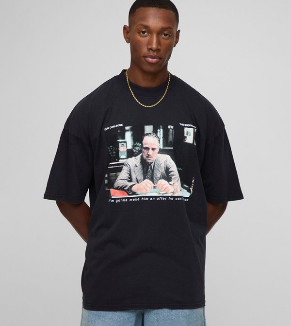 Oversized Extended Neck Acid Wash The Godfather Printed T-Shirt