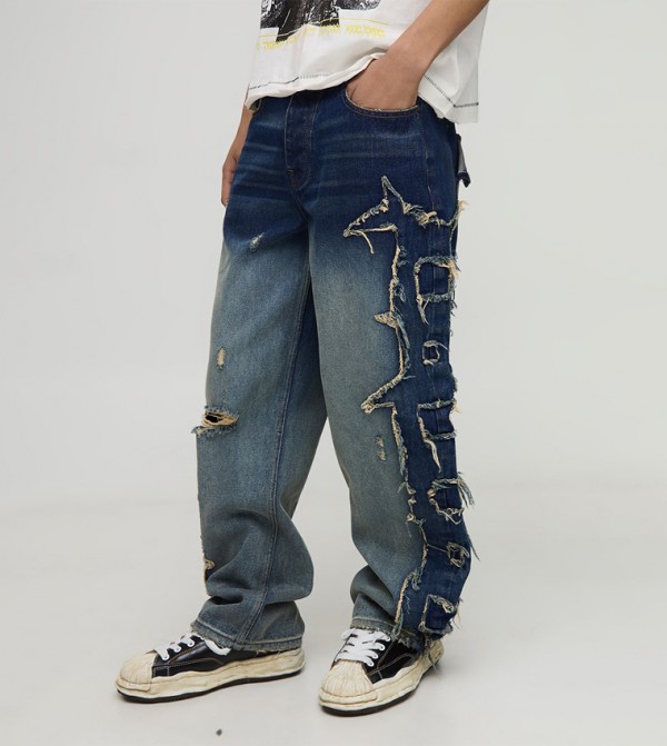Washed Relaxed Fit Jeans with Raw Edge