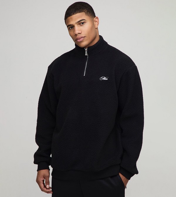 Borg Script Embroidered Zipper Neck Oversized Sweatshirt
