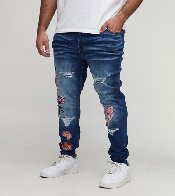 Floral Embroidered Ripped Stacked Skinny Fit Jeans