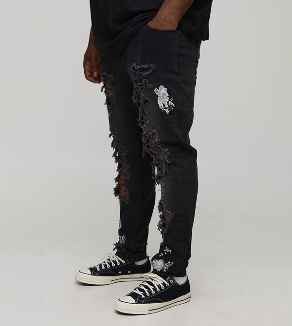 Floral Embroidered Ripped Skinny Fit Jeans
