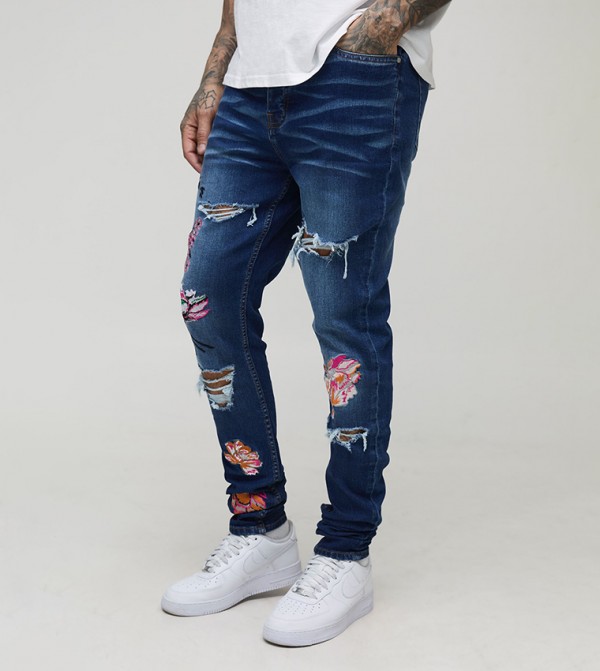 Tall Floral Embroidered Ripped Stacked Skinny Jeans