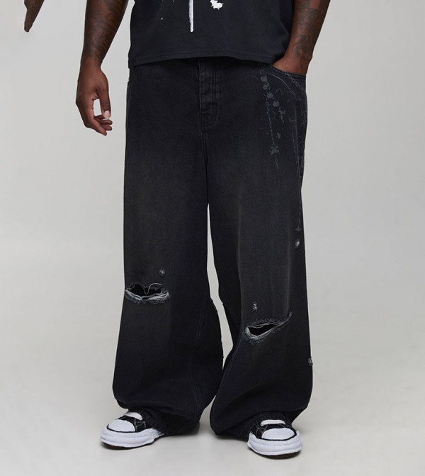 Plus & Tall Extreme Washed Laser Printed Super Baggy Jeans