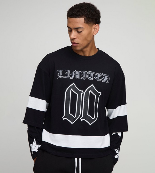 Varsity Star Print Faux Sleeves Oversized T-Shirt