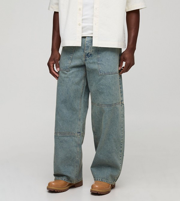 Debossed Vintage Wash Baggy Fit Jeans