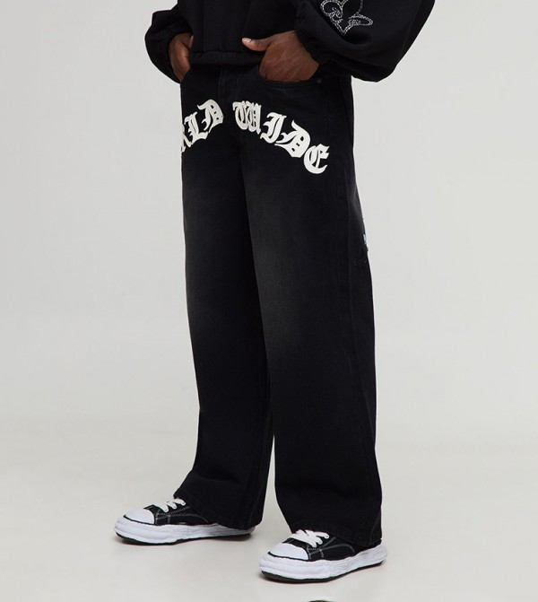 Pu Applique Rhinestone Cross Baggy Fit Jeans