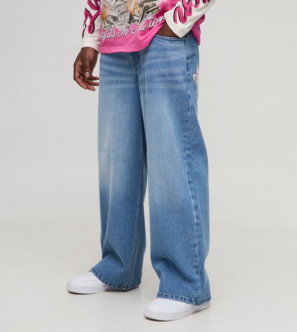 Baggy Fit PU Applique Rhinestone Jeans