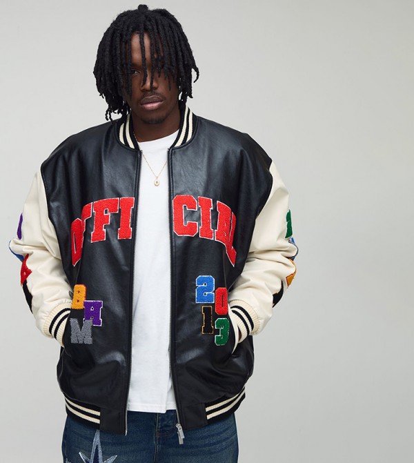 Tall Fit Badge Applique PU Varsity Oversized Bomber Jacket
