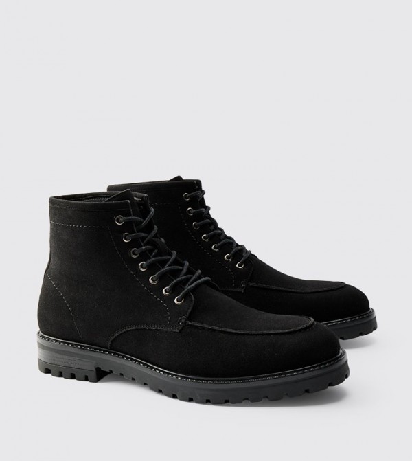 Faux Suede Lace-Up Track Sole Boots
