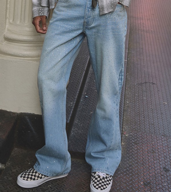 Rhinestone Embellished Straight Flared Jeans