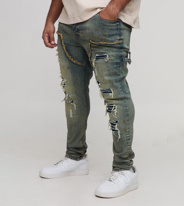Plus & Tall Stacked Multi Rip Carpenter Skinny Fit Jeans