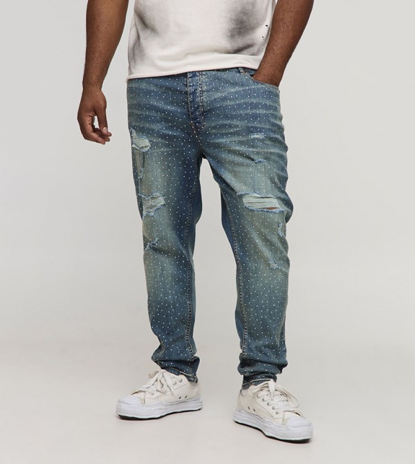 Rhinestone Distressed Slim Fit Jeans
