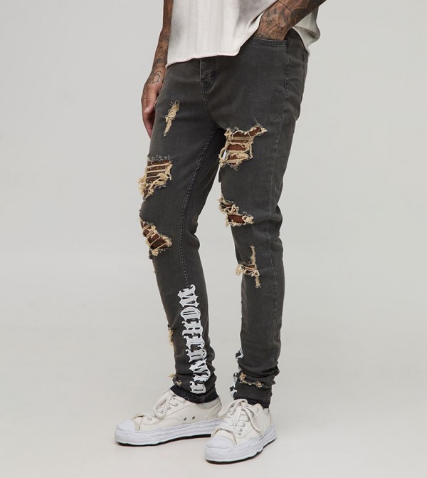 Tall Distressed Embroidered Gusset Stacked Skinny Fit Jeans